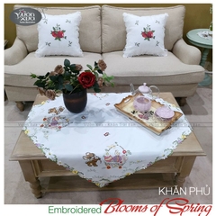 Khăn trải bàn trà, khăn vuông thêu hình Chú thỏ & Giỏ Hoa Mùa Xuân