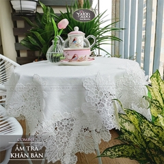 Khăn trải bản màu trắng, viền hoa ren VƯỜN XƯA, KBWE-V