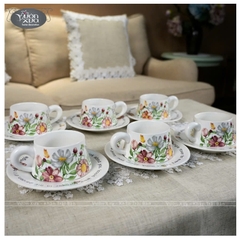 Set 6 tách đĩa uống cafe uống trà ,xương sứ Châu Âu, hoa lá mùa Xuân đẹp thanh lịch
