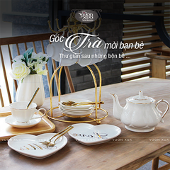 Bộ ấm chén uống trà màu trắng viền vàng nhà VƯỜN XƯA, trà chiều kiểu Anh, bộ tách cà phê Vintage