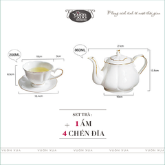Bộ ấm chén uống trà màu trắng viền vàng nhà VƯỜN XƯA, trà chiều kiểu Anh, bộ tách cà phê Vintage