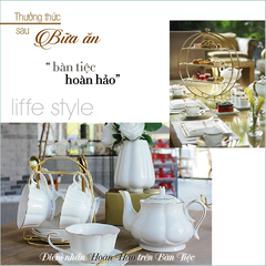 Bộ ấm chén uống trà màu trắng viền vàng nhà VƯỜN XƯA, trà chiều kiểu Anh, bộ tách cà phê Vintage
