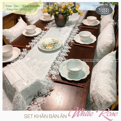 Khăn trải giữa bàn hoa hồng trắng viền ren nhà VƯỜN XƯA, KBWR-R