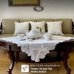 Khăn trải bàn vuông nhà VƯỜN XƯA, khăn trang trí bàn trà, hoạ tiết ren thêu hoa màu trắng sang trọng, kích thước 85*85cm