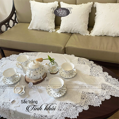 Khăn trải bàn vuông nhà VƯỜN XƯA, khăn trang trí bàn trà, hoạ tiết ren thêu hoa màu trắng sang trọng, kích thước 85*85cm