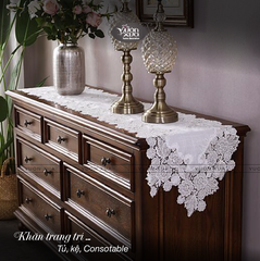 Khăn phủ đàn piano, Khăn Decor bàn, tủ, hoạ tiết ren thêu hoa màu trắng sang trọng nhà VƯỜN XƯA, kích thước 35*180cm; 35*240cm
