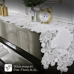 Khăn phủ đàn piano, Khăn Decor bàn, tủ, hoạ tiết ren thêu hoa màu trắng sang trọng nhà VƯỜN XƯA, kích thước 35*180cm; 35*240cm