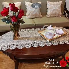 Khăn trải bàn phòng khách, vỏ gối đồng bô vải ren mềm màu be đẹp tinh tế