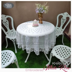 Khăn trải bàn màu trắng (Khăn phủ đàn piano), thêu Hoa Hồng VƯỜN XƯA, KBWR-E