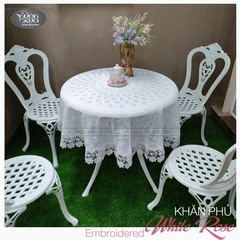 Khăn trải bàn màu trắng (Khăn phủ đàn piano), thêu Hoa Hồng VƯỜN XƯA, KBWR-E
