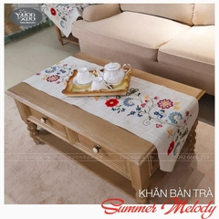 Khăn runner trải bàn trà, vỏ gối thêu hoa đồng bộ (ngày tết) VƯỜN XƯA