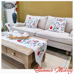 Khăn runner trải bàn trà, vỏ gối thêu hoa đồng bộ (ngày tết) VƯỜN XƯA