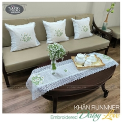 Khăn trải bàn trà, vỏ gối đồng bộ thêu Hoa Cúc Chi đẹp thanh nhã