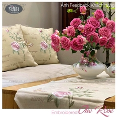 Khăn trải bàn sofa, vỏ gối thêu hoa hồng đồng bộ, đẹp mảnh mai, duy mỹ