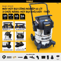 Máy hút bụi Công nghiệp 3 chức năng Dewalt DXV61S – 61L – 19Kpa