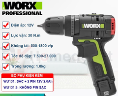 Thân Máy khoan vặn vít pin 12V Worx WU131.9