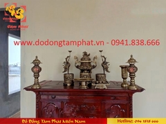 Bộ đồ thờ ngũ sự bằng đồng vàng hun xuống màu cao 45cm