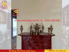 Bộ đồ thờ ngũ sự bằng đồng vàng hun xuống màu cao 45cm