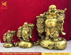 Tượng đồng Phật Di Lặc đứng trên bị tiền đủ kích thước 17cm, 21cm, 40cm