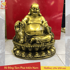 Tượng Phật Di Lặc đứng kéo bao tiền bằng đồng vàng tuyệt đẹp