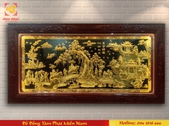 Tranh Vinh Quy Bái Tổ, dát vàng 9999, khung gỗ hương đỏ, chạm Tứ quý, kích thước 2.3x1.2m