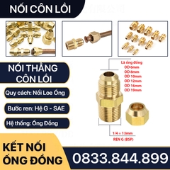 Thân Nối Thẳng Ren Ngoài Côn Lồi Lã Ống Đồng NPT Phi 6 8 10 12 16 19mm (Brass Flare Fitting Male Connector NPT)