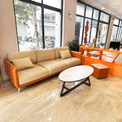 Sofa Da Cleo SF035 – Bộ sofa màu kem cam vàng + 2 đôn nhỏ + 1 bàn trà | Nội Thất giá tốt 2K