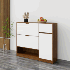 Tủ giày TGS014  - 2 Lật 1 cánh 1 ngăn kéo màu gỗ nâu cánh trắng | Nội Thất giá tốt 2K