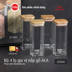 Bộ 4 lọ gia vị thuỷ tinh borosilicate ACA 420ml, nắp gỗ