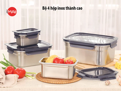 Bộ 4 hộp inox iMat Cao thân bằng inox 304, 20ml, 800ml, 1600ml, 3200ml