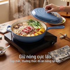 Chảo gang tráng men sâu lòng 26cm có vung