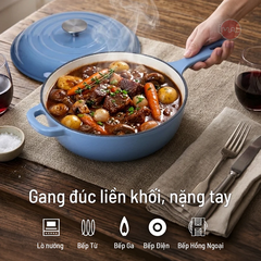 Chảo gang tráng men sâu lòng 26cm có vung