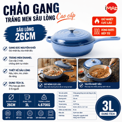 Chảo gang tráng men sâu lòng 26cm có vung