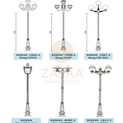 Cột đèn led trang trí sân vườn Banian DC07, chùm CH08-4 Tulips chiều cao 3-5m, mã số ZCV-3303 Zalaa