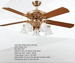 Quạt trần đèn Duc Minh JSM.18 màu vàng, thân cánh gỗ đậm