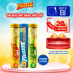 (COMBO 3 TUYP X 20 viên sủi) Plusssz Max multivitamin vị Cam + Plusssz Max vitamin C vị Chanh + Plusssz Canxi vị Đào mix Chanh leo không đường