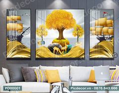 Demo_Bộ 3_Bộ 3 Tranh Cây Tiền Vàng Hươu và Thuyền Buồm