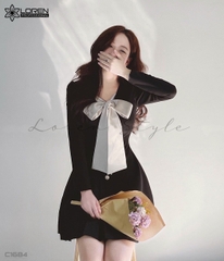 Đầm xòe phối nude nơ cổ đen C1684