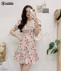 Đầm xòe hoa nhí kem C1696