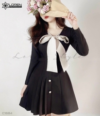 Đầm xòe phối nude nơ cổ đen C1684