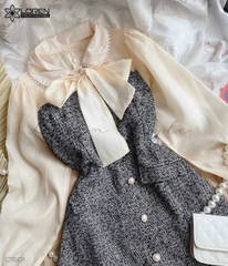 Đầm caro phối tay dài nude C1501