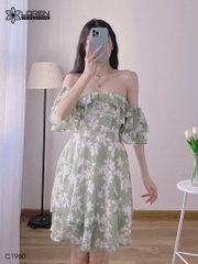 Đầm hoa nữ LOREN bẹt vại xanh bơ C1960