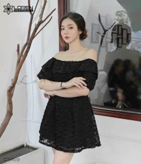 Đầm lông vũ bẹt vai đen C1469