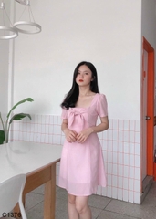 Đầm cổ vuông nơ hồng C1376