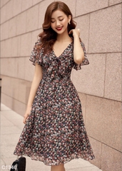 Đầm voan hoa xòe đen C1346