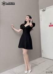 Đầm xòe tay phồng đen C1174