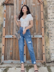 Quần jean baggy LOREN rách tua xanh B5389