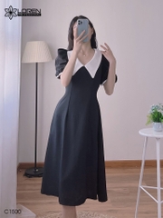 Đầm midi đen cổ peter trắng C1500