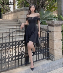 Đầm xòe tay voan trễ vai đen C1740