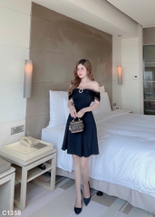 Đầm trễ vai phối lưới đen C1358